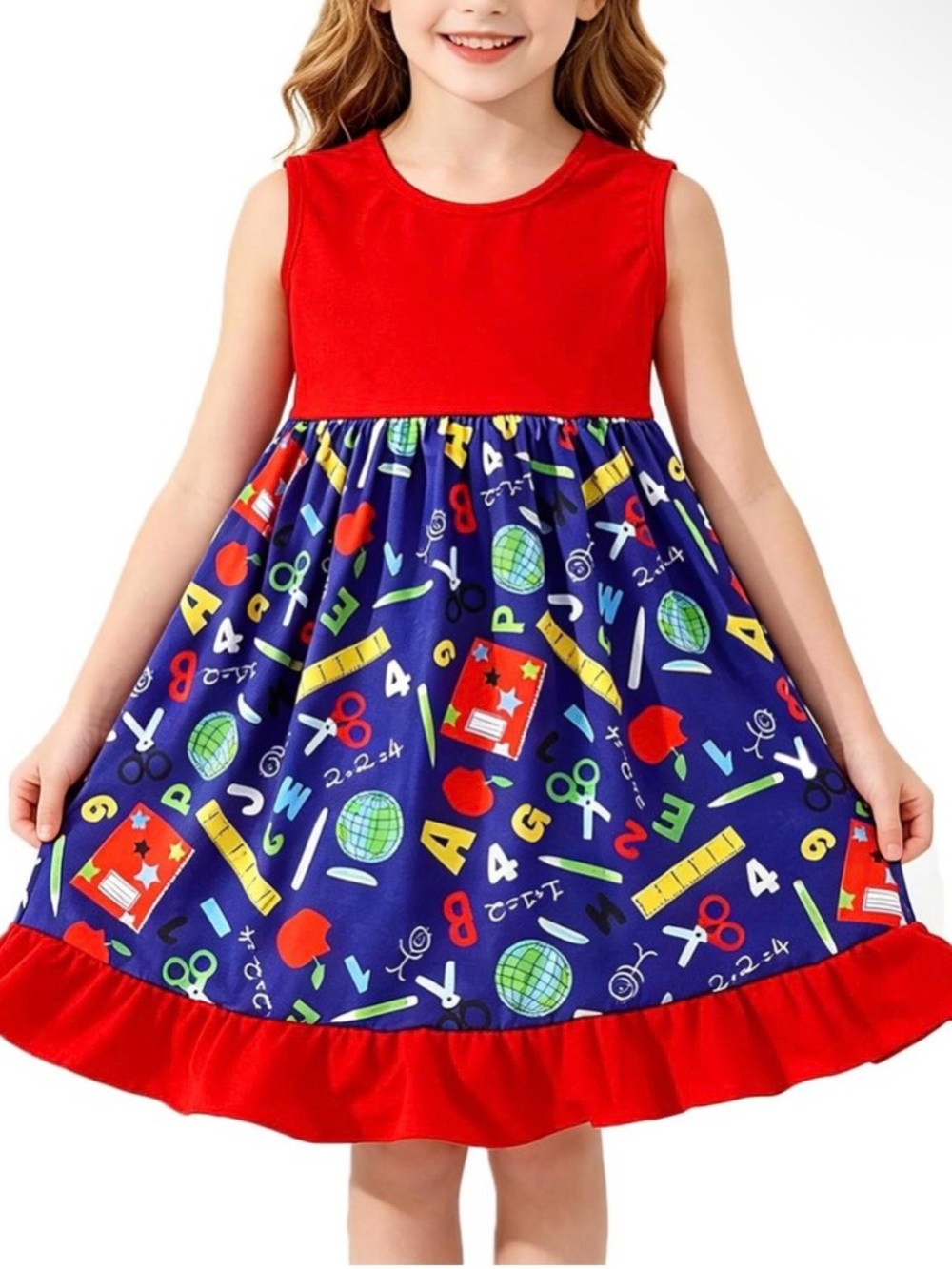 Girls Red and Blue Back to School Print Sleeveless Dress Size 5-6